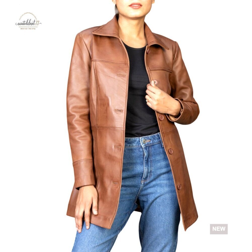 Genuine Leather Overcoat Blazer Jacket Women's 3/4 Length Classic Fit